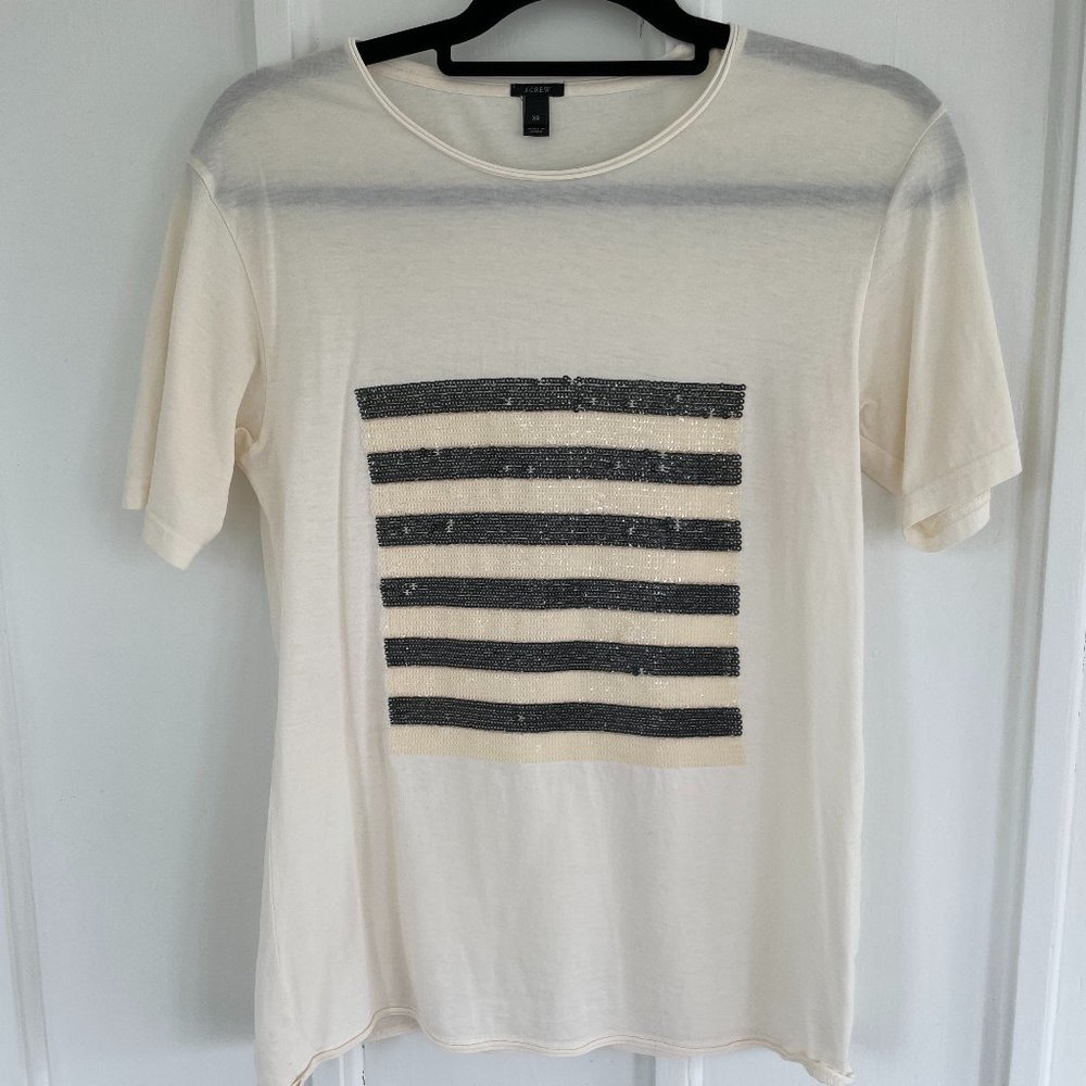 J. Crew Sequined Stripes Tee | Color: Cream and Dark Gray | Size: XS